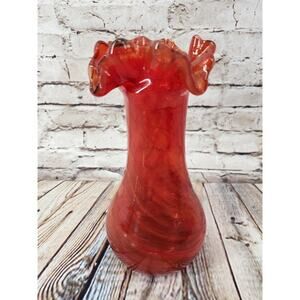 Vintage Hand Blown Red Swirl Art Glass Vase Ruffled Rim Studio Glass Mid Century
